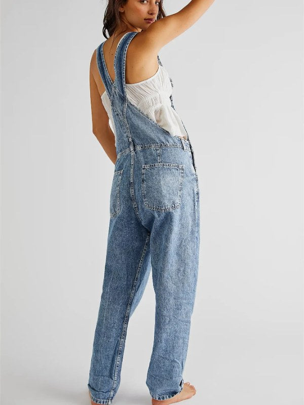 Mode denim overall voor dames losse pasvorm klassieke slabbetje casual Jean rekbare denim overall jumpsuit taps toelopende pijpen jeansbroek