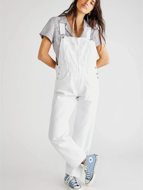 Mode denim overall voor dames losse pasvorm klassieke slabbetje casual Jean rekbare denim overall jumpsuit taps toelopende pijpen jeansbroek